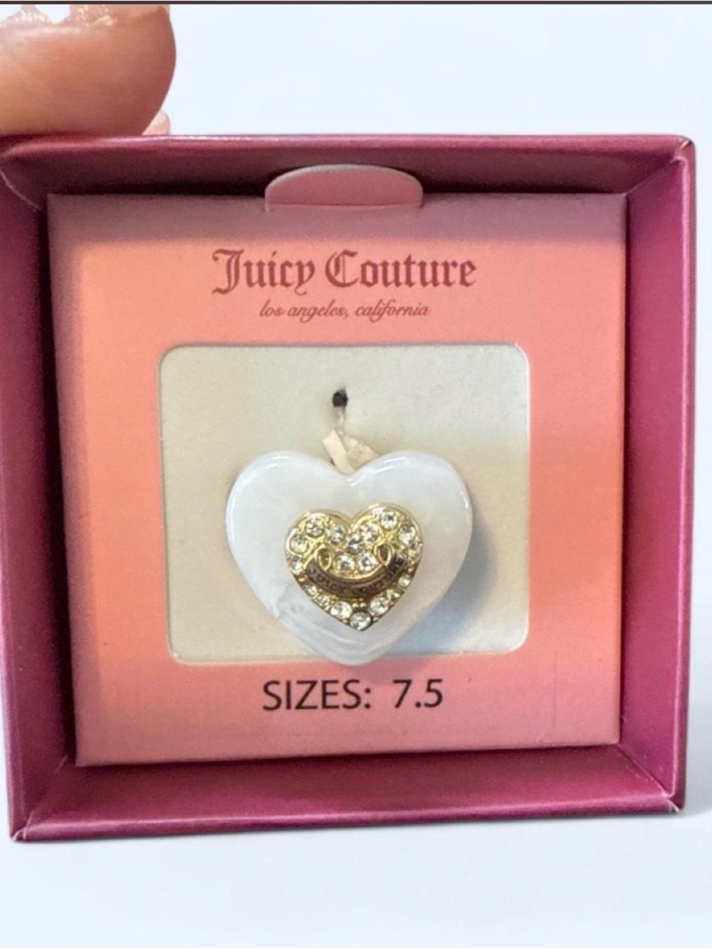 Juicy Couture White Heart Ring with Gold Crystal Smile Accent